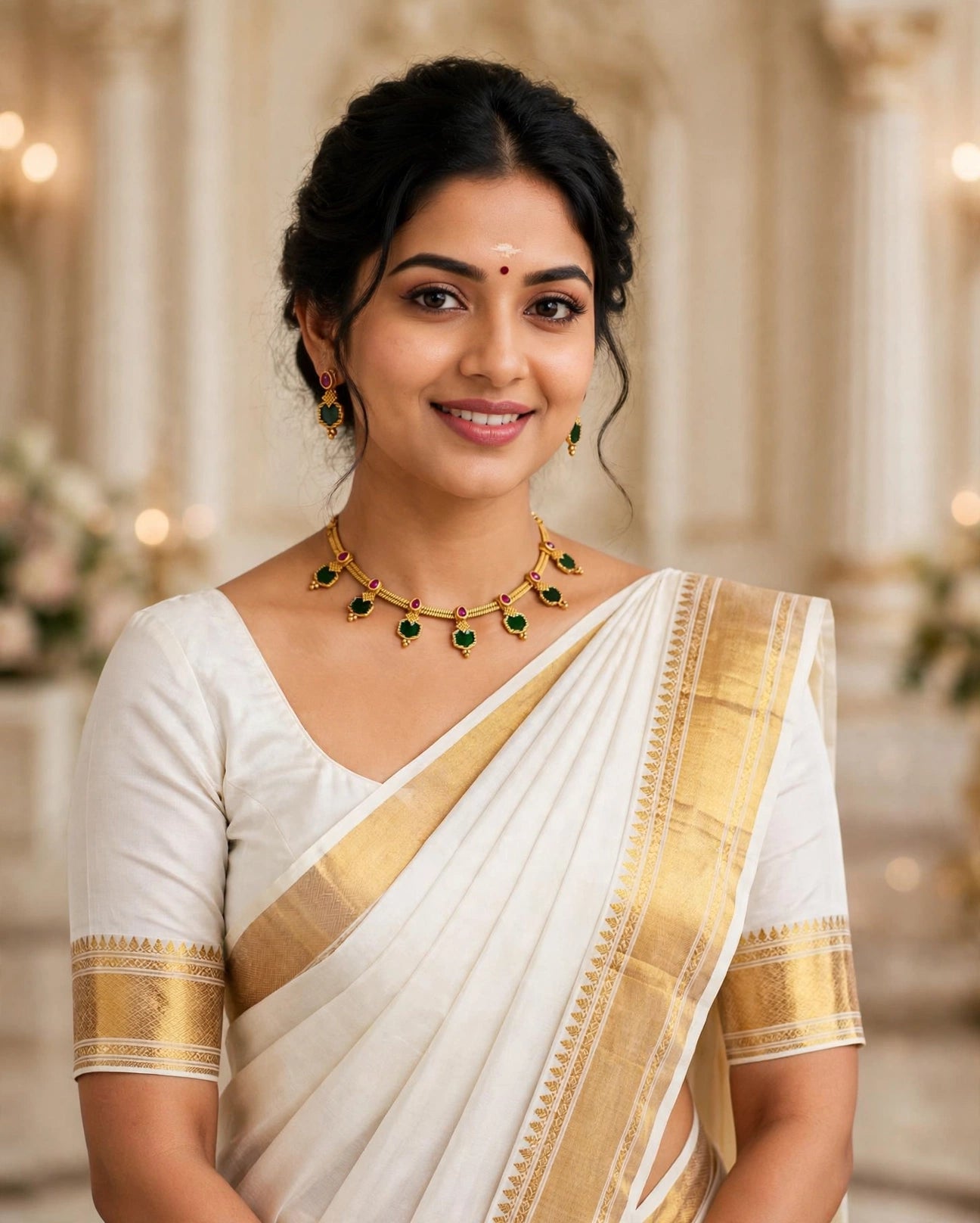 Model wearing emerald green and ruby stone gold finish jhumka earrings