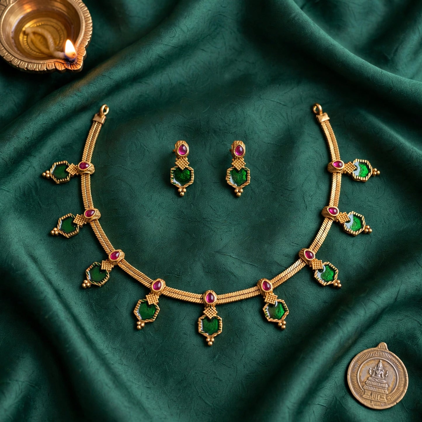 Emerald green and ruby stone gold finish necklace set with matching earrings