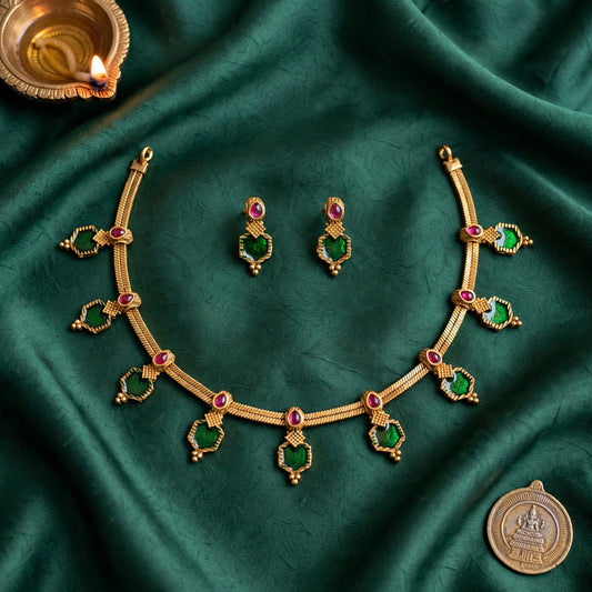 Emerald green and ruby stone gold finish necklace set with matching earrings
