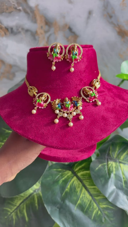 Royal Antique Gold Red Stone Bridal Choker Necklace Set with Matching Earrings