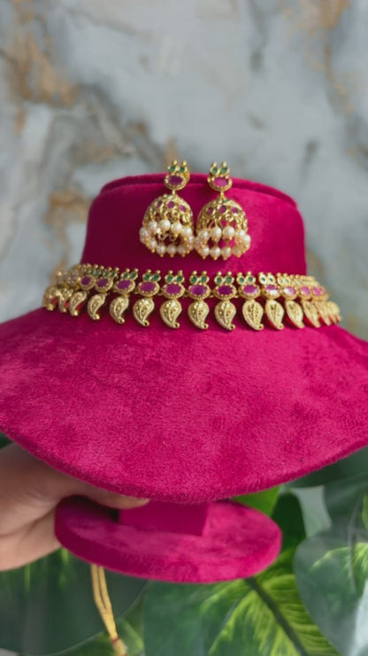 Antique Gold & Ruby Manga Malai Choker Set with Jhumkis