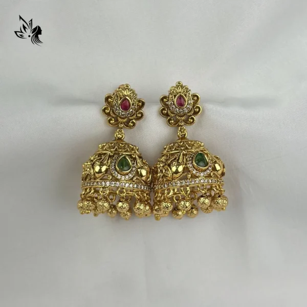 Classic Green Stone-Studded Gold Jhumki - Image 2